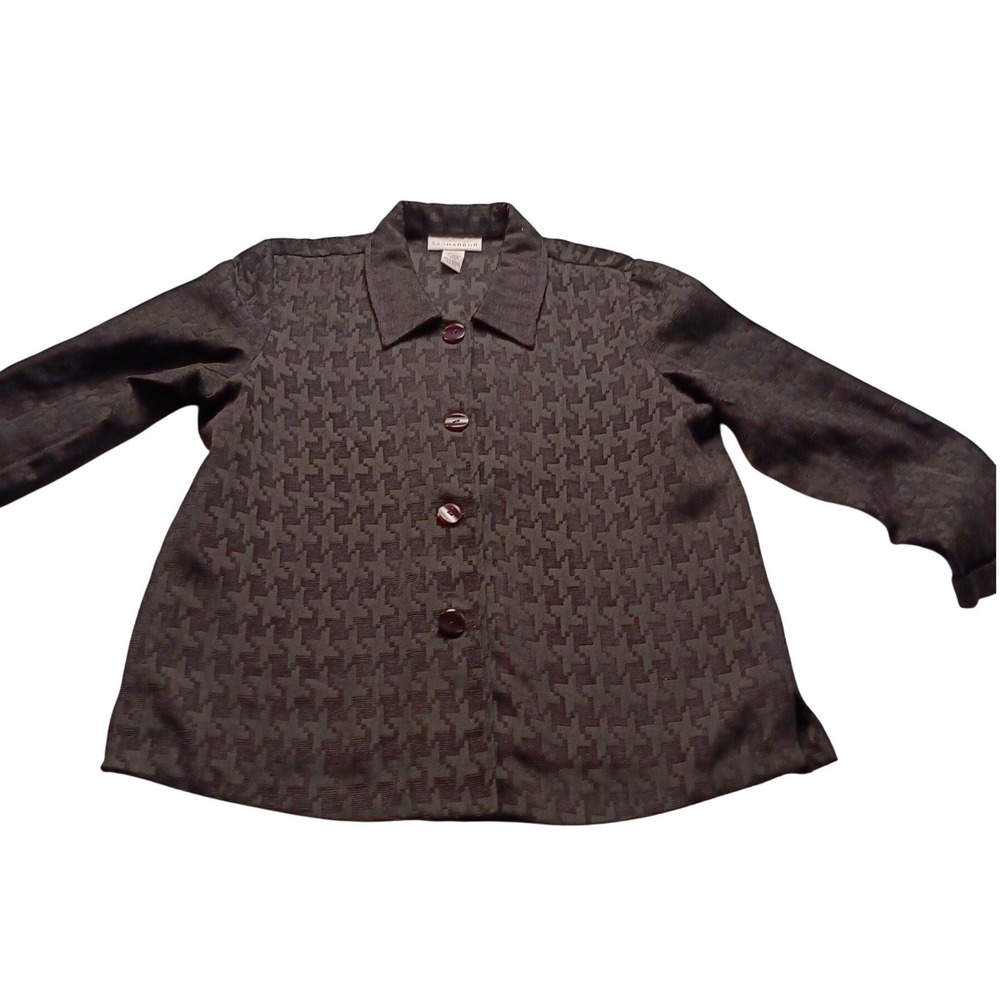 Sag Harbor Black Houndstooth Button Front Blouse Women's Long Sleeve Top Size L